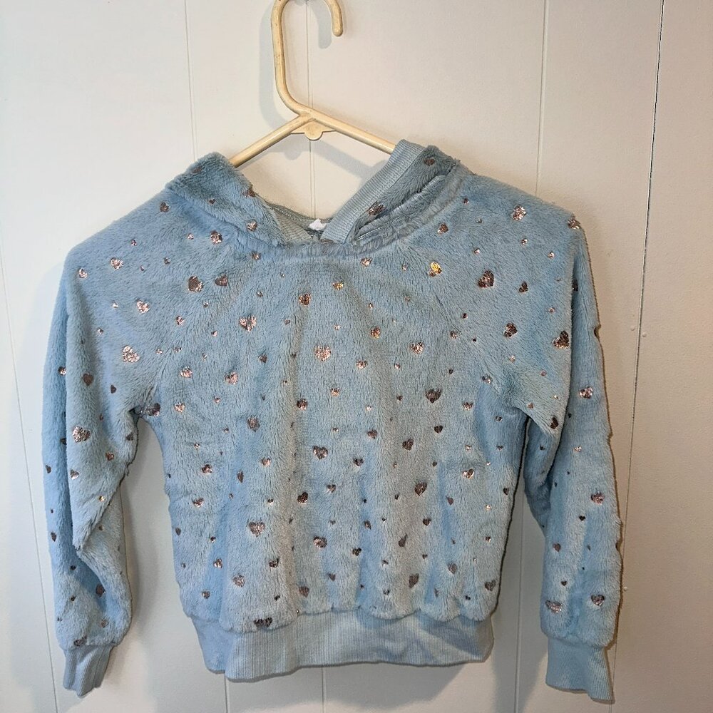 Beautées Girls Blue Plush Hoodie with Gold Hearts - Size M